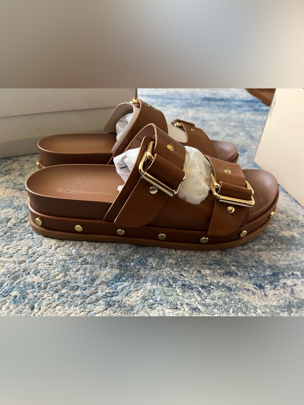 BCBGeneration Brown Dual Strap Platform Sandals with Gold Buckles